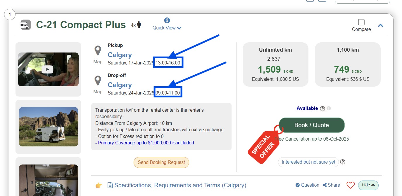 camper van for Rent in Canada time frame of pickup and_drop-off